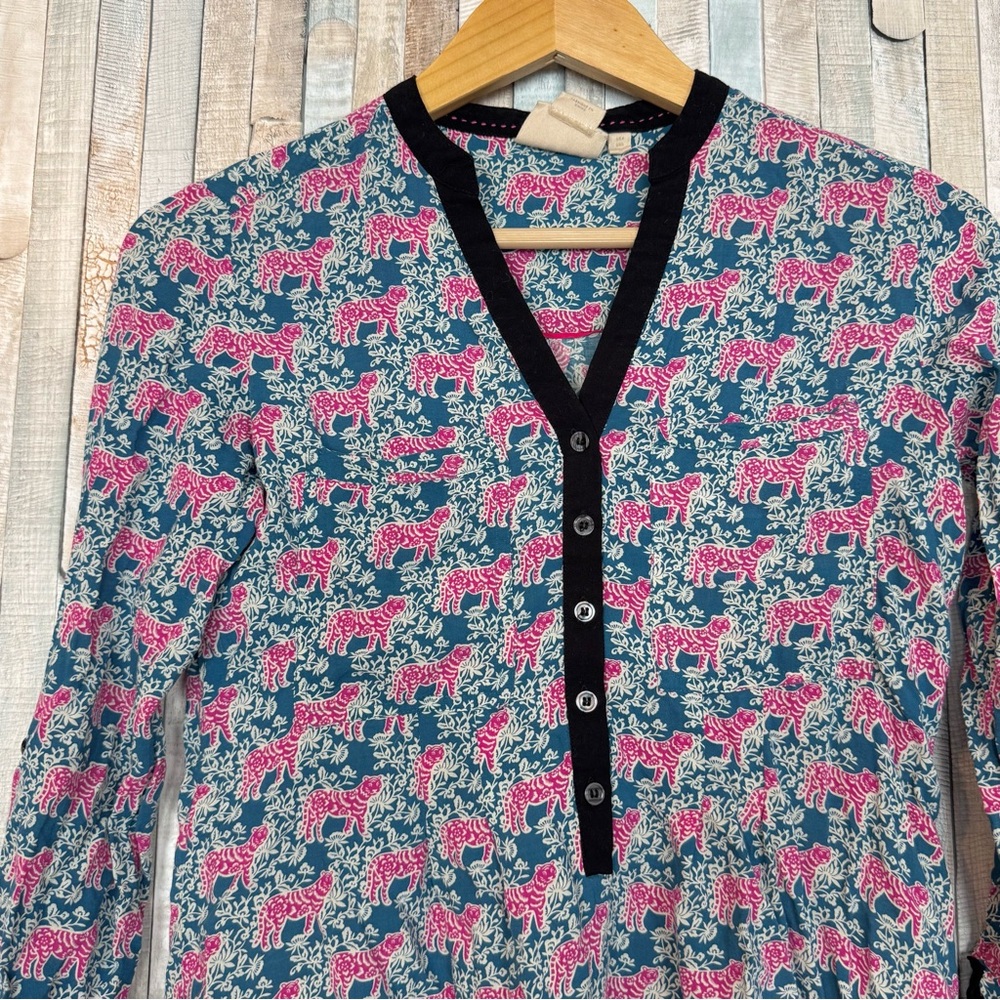 Anthropologie 0 Pink Tiger Print Henley Shirt Top Blouse Boho Novelty Jungle